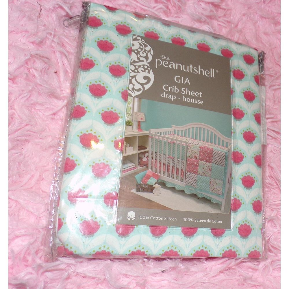 Peanutshell MILA Fitted Crib  Sheet Aqua Coral Floral Cotton sateen new sealed